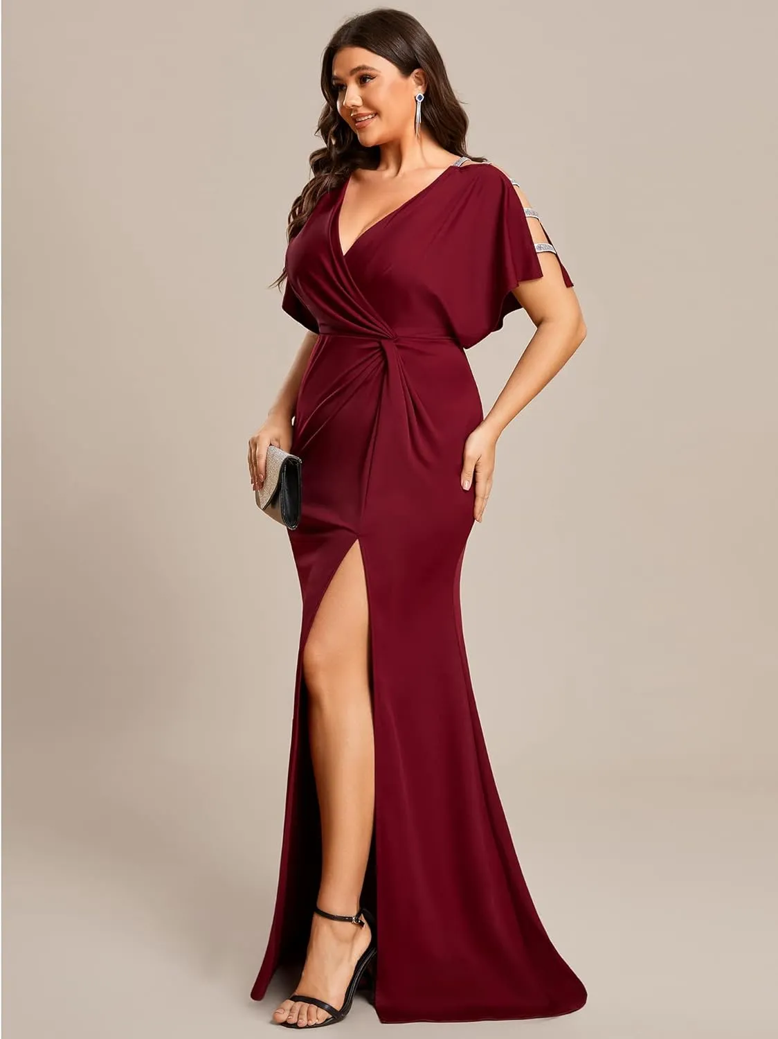 Ever-Pretty Plus Women's Plus Size V Neck Hollow Out Sequin Sleeve Pleated High Slit Evening Dresses 01777-DA