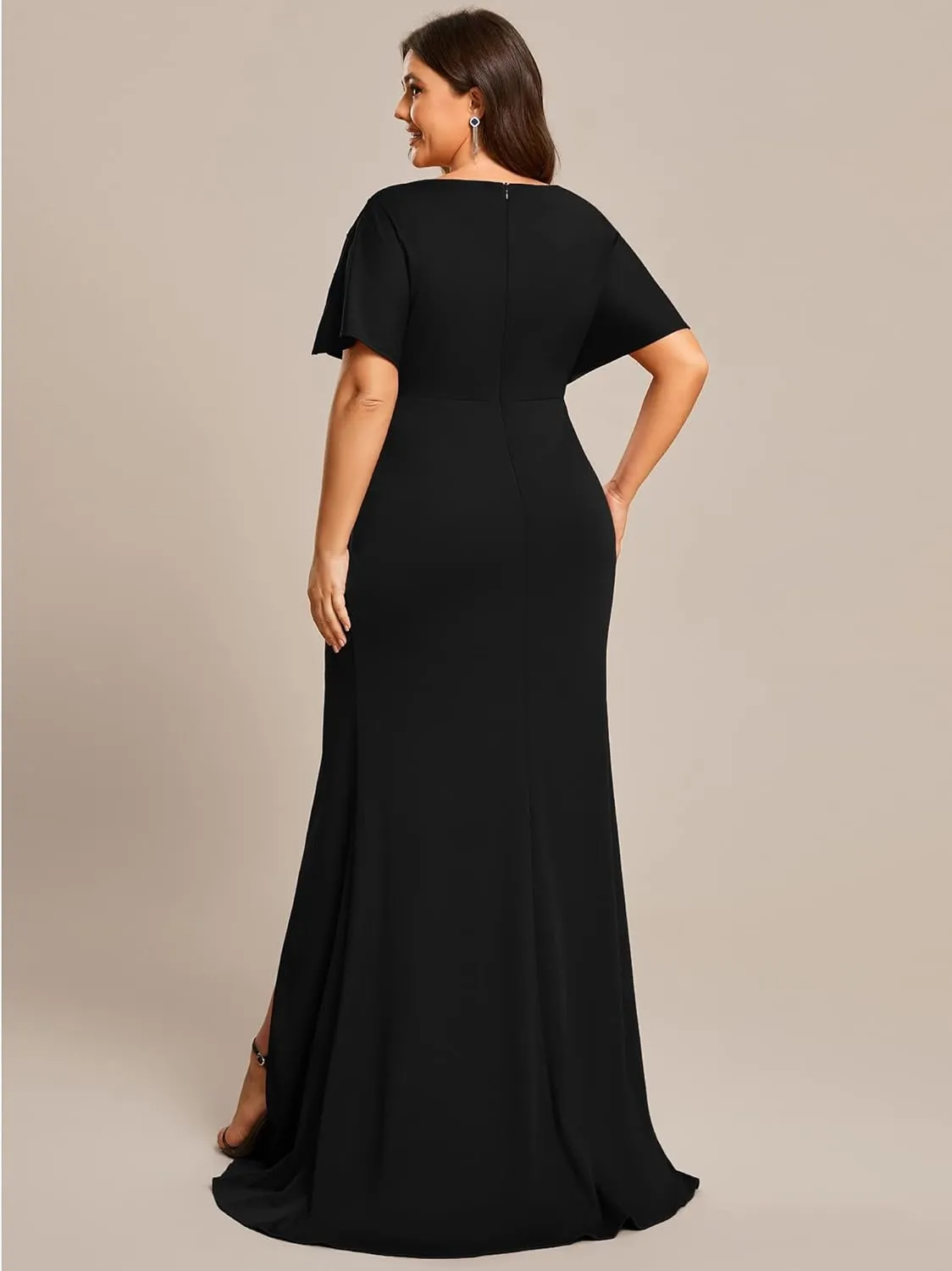 Ever-Pretty Plus Women's Plus Size V Neck Hollow Out Sequin Sleeve Pleated High Slit Evening Dresses 01777-DA