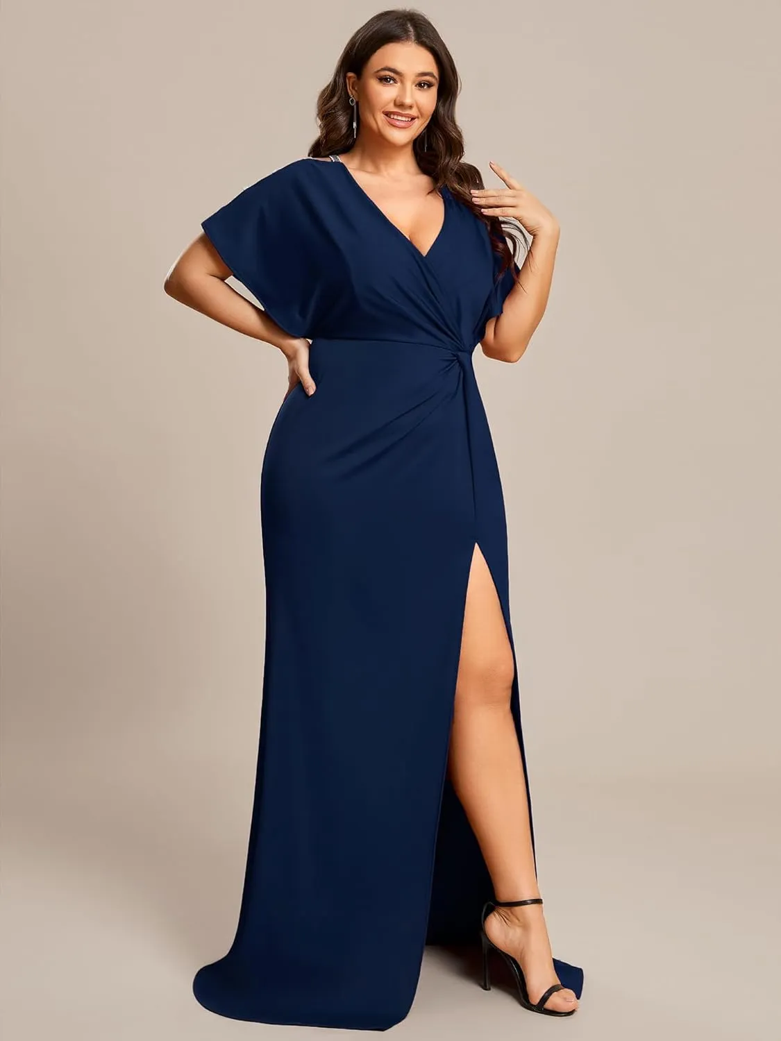 Ever-Pretty Plus Women's Plus Size V Neck Hollow Out Sequin Sleeve Pleated High Slit Evening Dresses 01777-DA
