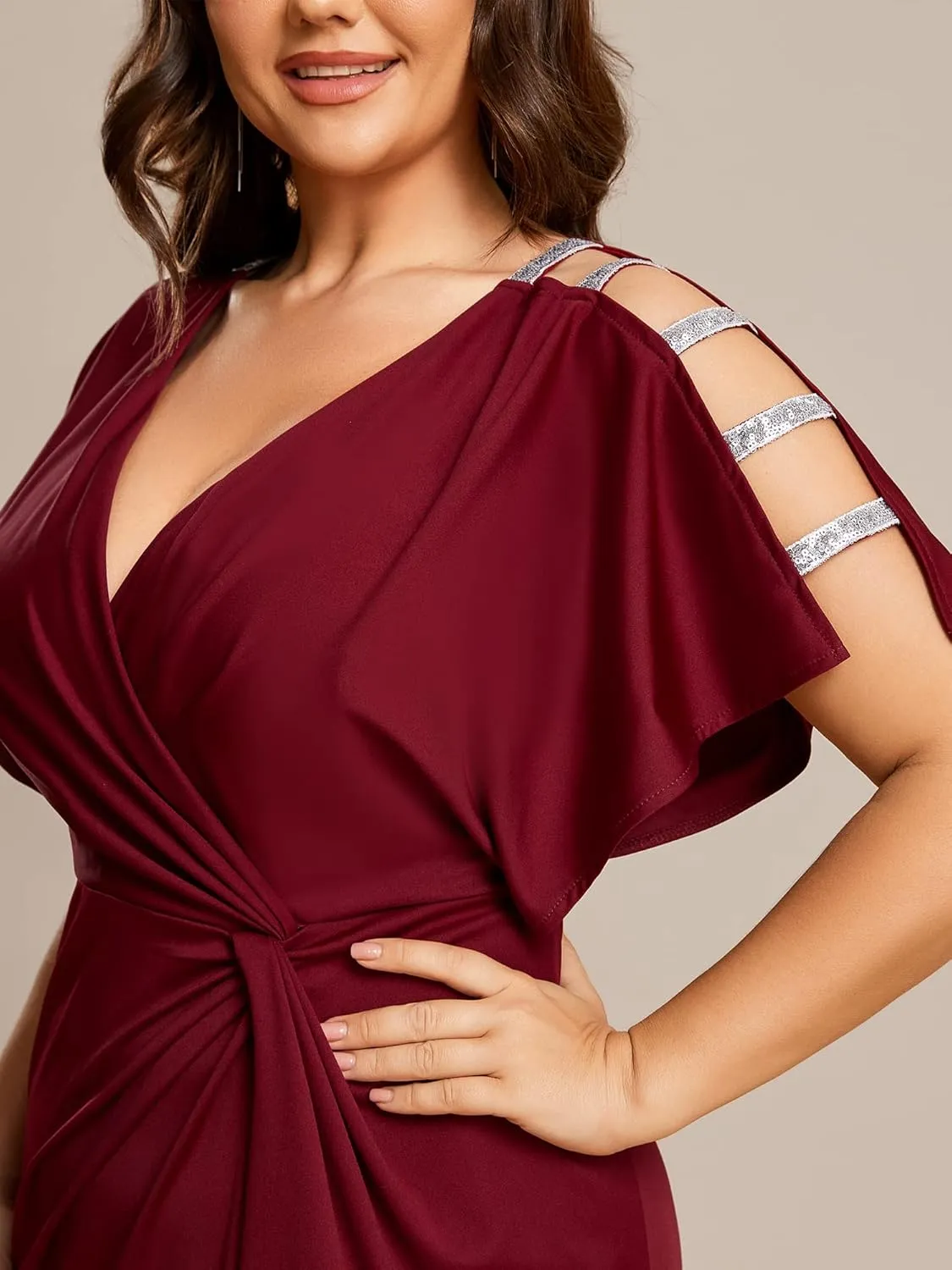 Ever-Pretty Plus Women's Plus Size V Neck Hollow Out Sequin Sleeve Pleated High Slit Evening Dresses 01777-DA