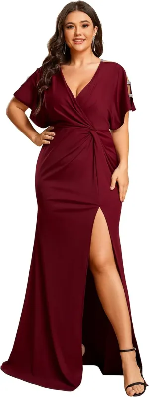 Ever-Pretty Plus Women's Plus Size V Neck Hollow Out Sequin Sleeve Pleated High Slit Evening Dresses 01777-DA