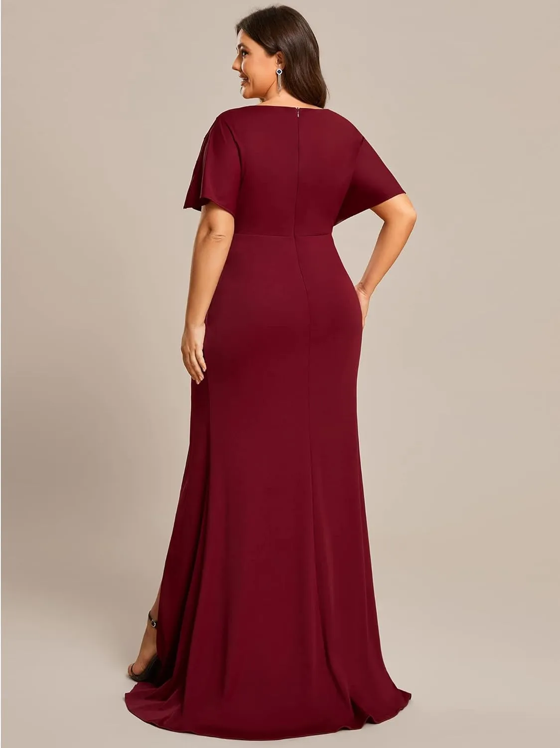 Ever-Pretty Plus Women's Plus Size V Neck Hollow Out Sequin Sleeve Pleated High Slit Evening Dresses 01777-DA