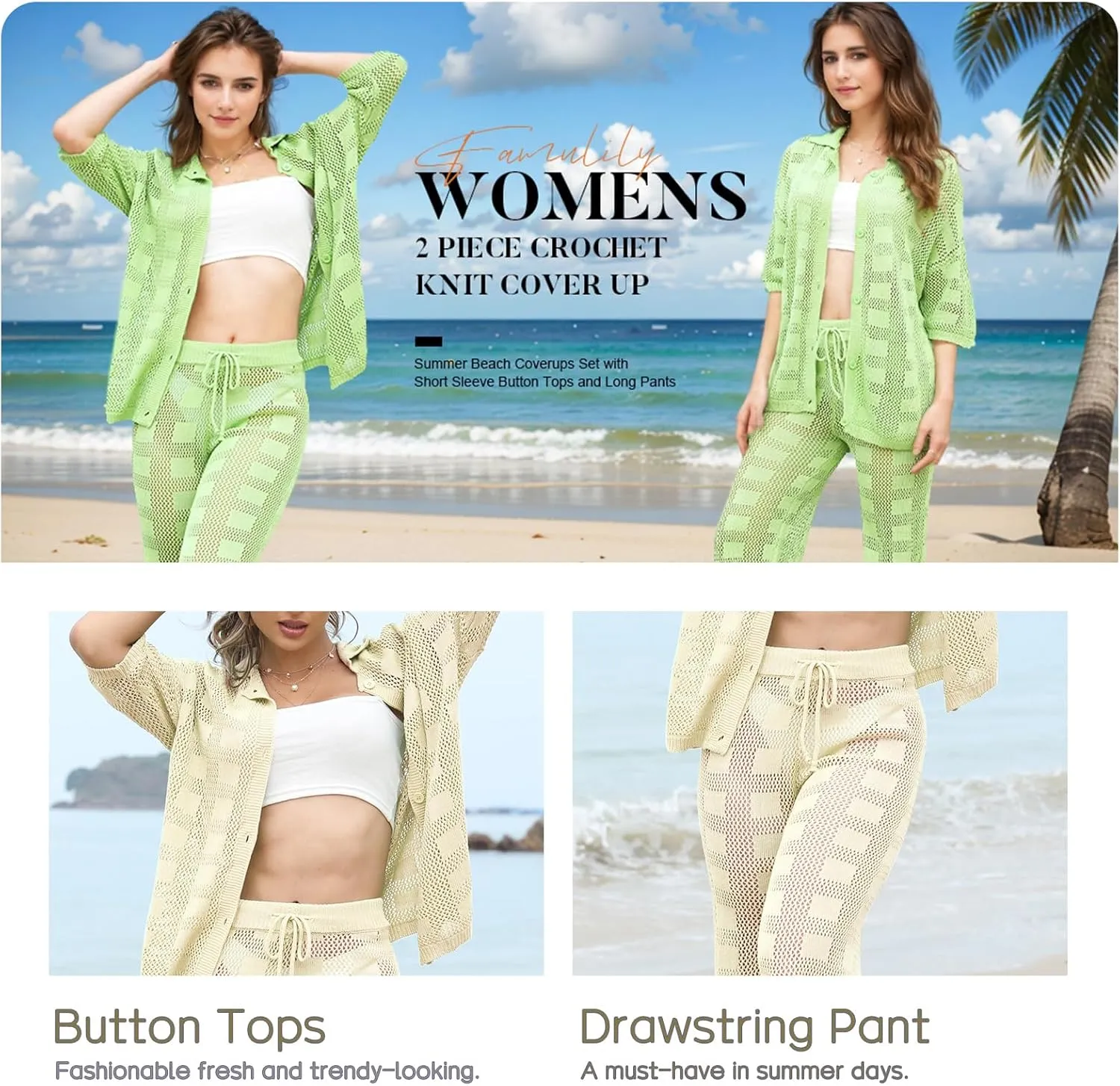 Famulily Womens 2 Piece Crochet Knit Cover Up Summer Beach Coverups Set with Short Sleeve Button Tops and Long Pants