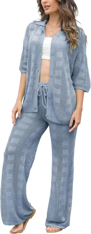Famulily Womens 2 Piece Crochet Knit Cover Up Summer Beach Coverups Set with Short Sleeve Button Tops and Long Pants