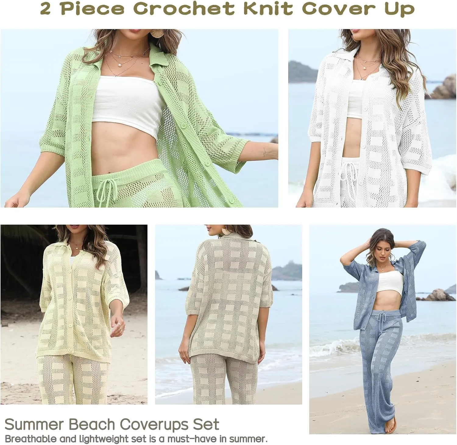 Famulily Womens 2 Piece Crochet Knit Cover Up Summer Beach Coverups Set with Short Sleeve Button Tops and Long Pants