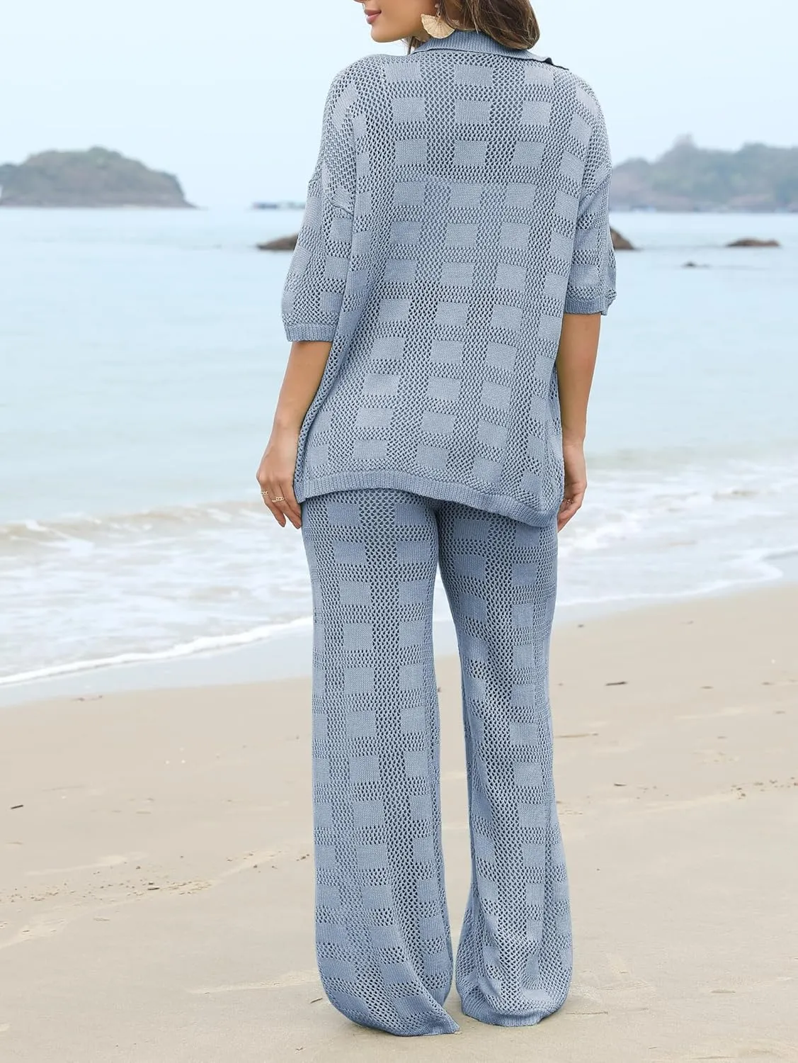 Famulily Womens 2 Piece Crochet Knit Cover Up Summer Beach Coverups Set with Short Sleeve Button Tops and Long Pants