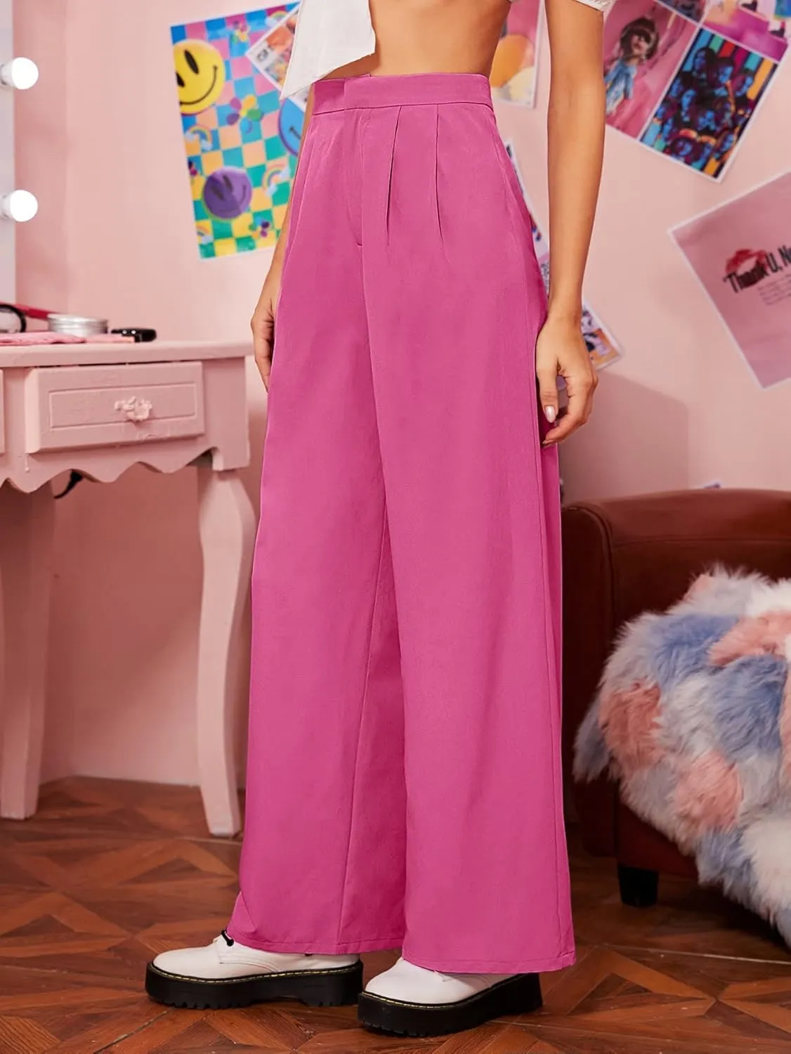Floerns Women's Casual High Waisted Pleated Wide Leg Palazzo Pants Trousers