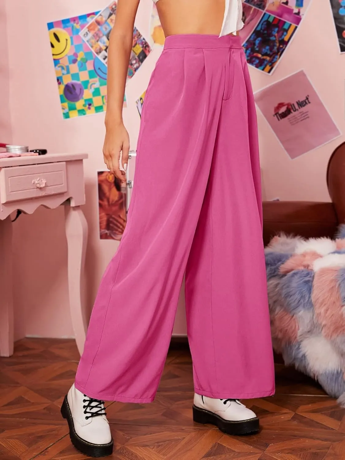 Floerns Women's Casual High Waisted Pleated Wide Leg Palazzo Pants Trousers