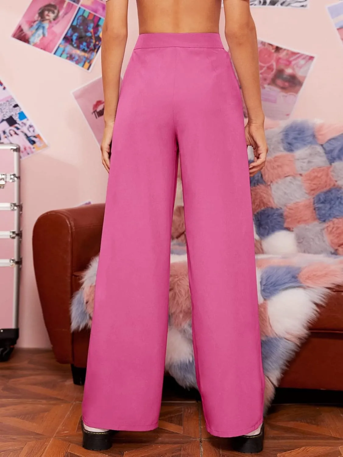 Floerns Women's Casual High Waisted Pleated Wide Leg Palazzo Pants Trousers