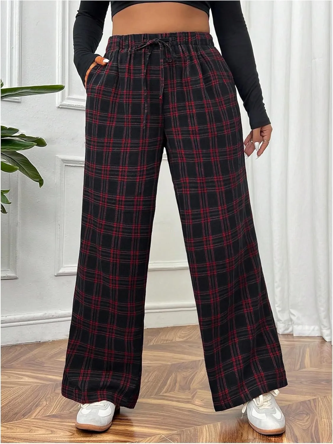 Floerns Women's Plus Size Drawstring High Waisted Plaid Street Wide Leg Pants Trousers