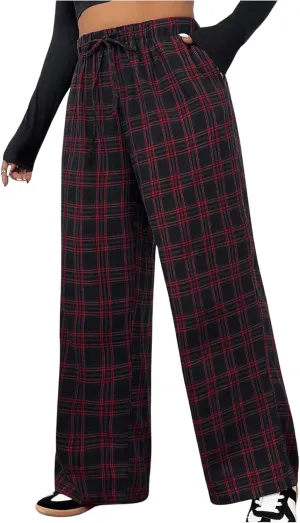 Floerns Women's Plus Size Drawstring High Waisted Plaid Street Wide Leg Pants Trousers
