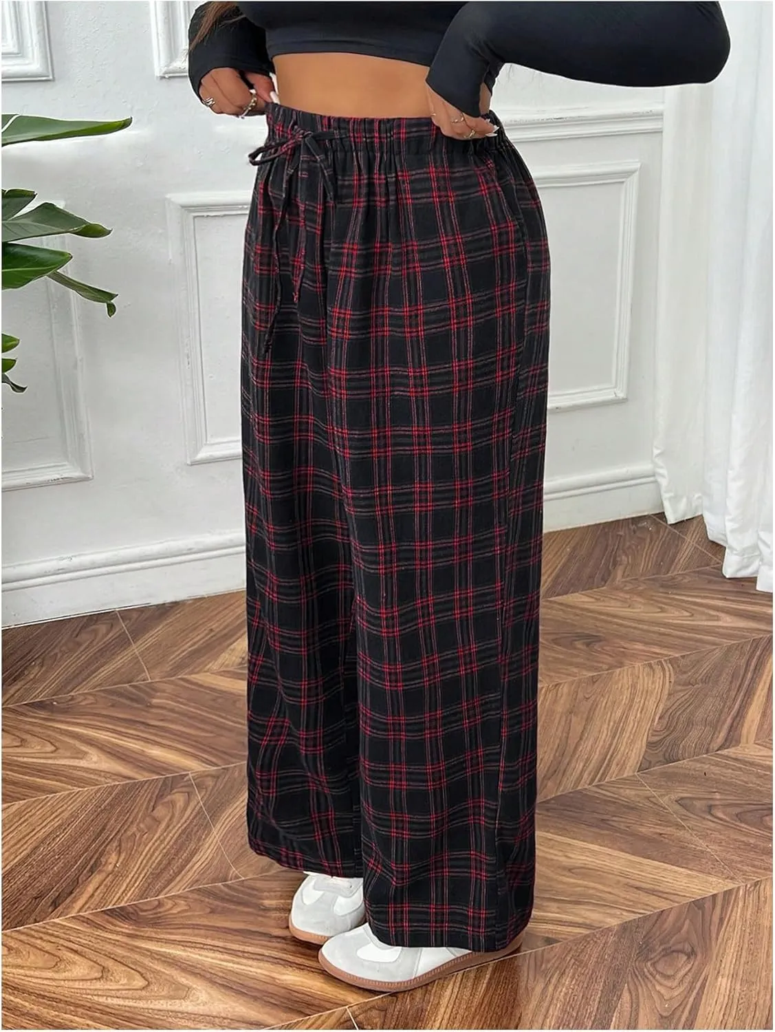 Floerns Women's Plus Size Drawstring High Waisted Plaid Street Wide Leg Pants Trousers