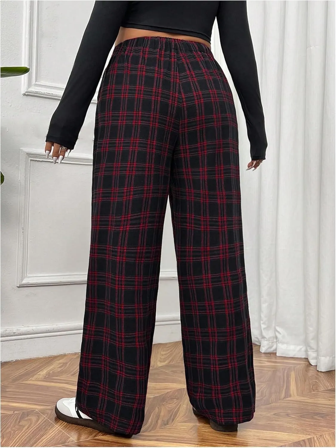 Floerns Women's Plus Size Drawstring High Waisted Plaid Street Wide Leg Pants Trousers