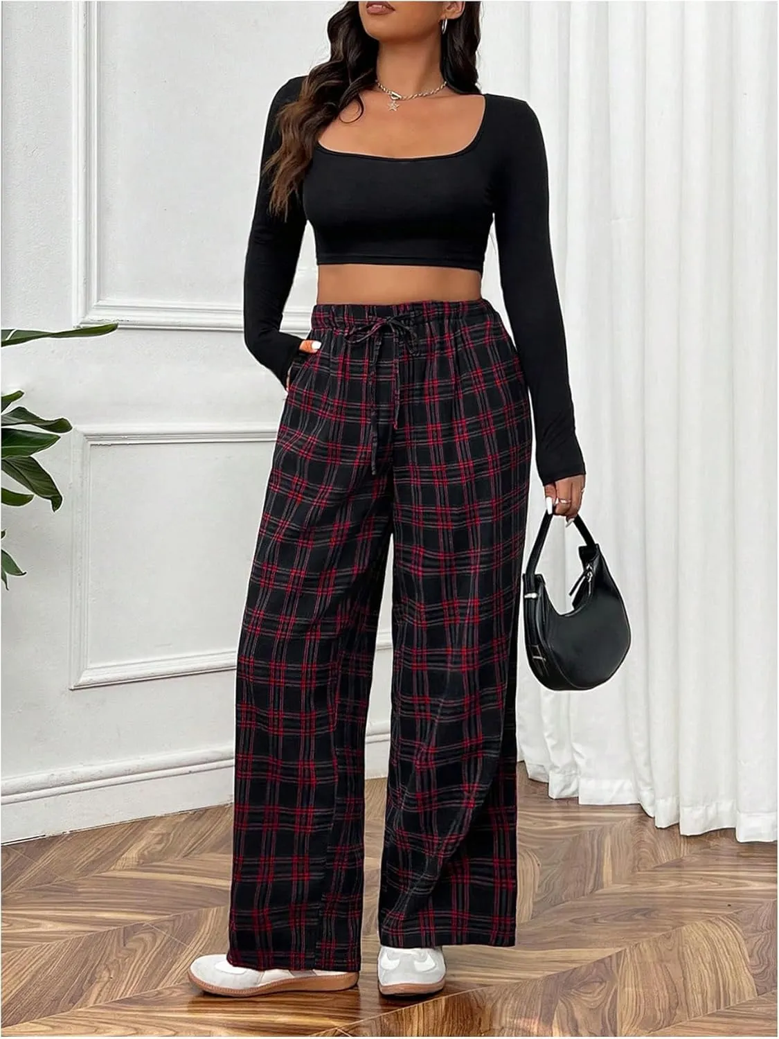 Floerns Women's Plus Size Drawstring High Waisted Plaid Street Wide Leg Pants Trousers