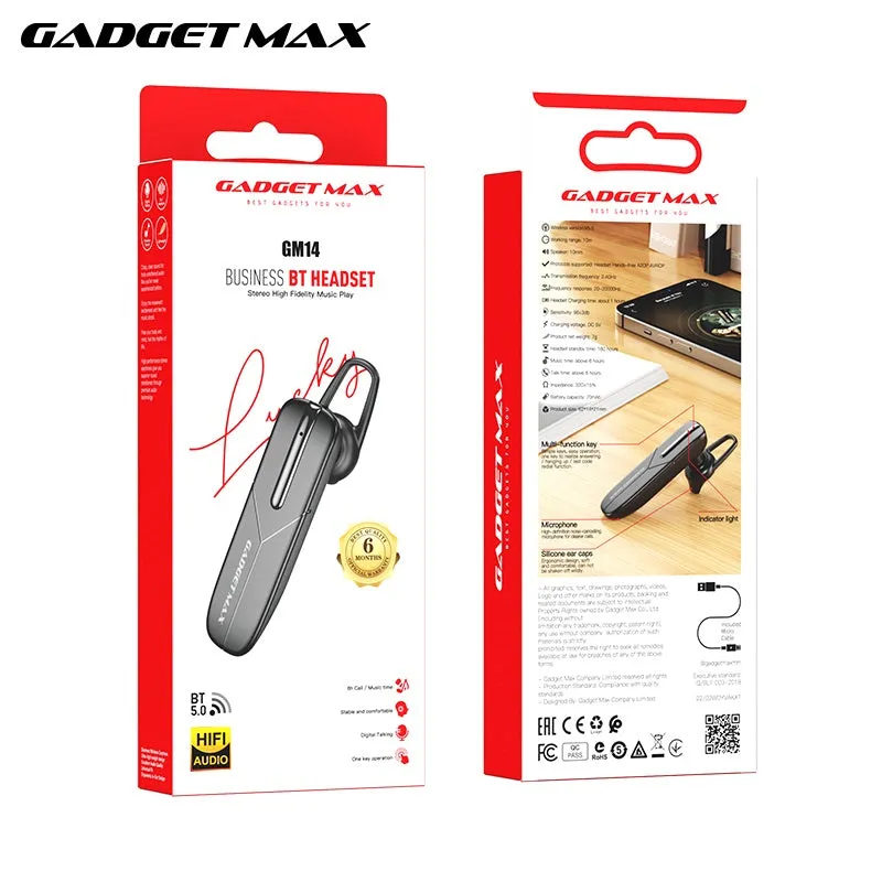 GADGET MAX GM14 BUSINESS BLUETOOTH HEADSET (V5.0), Signle Bluetooth Earbud