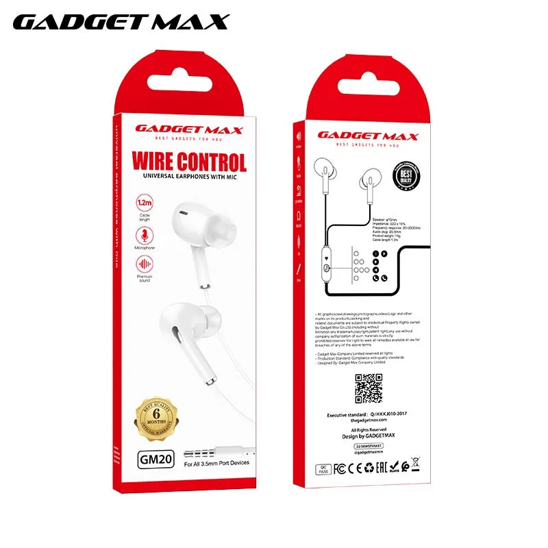 GADGET MAX GM20  3.5MM EARPHONE CONTROL UNIVERSAL EARPHONES WITH MIC (1.2M) Wired Earphone- WHITE