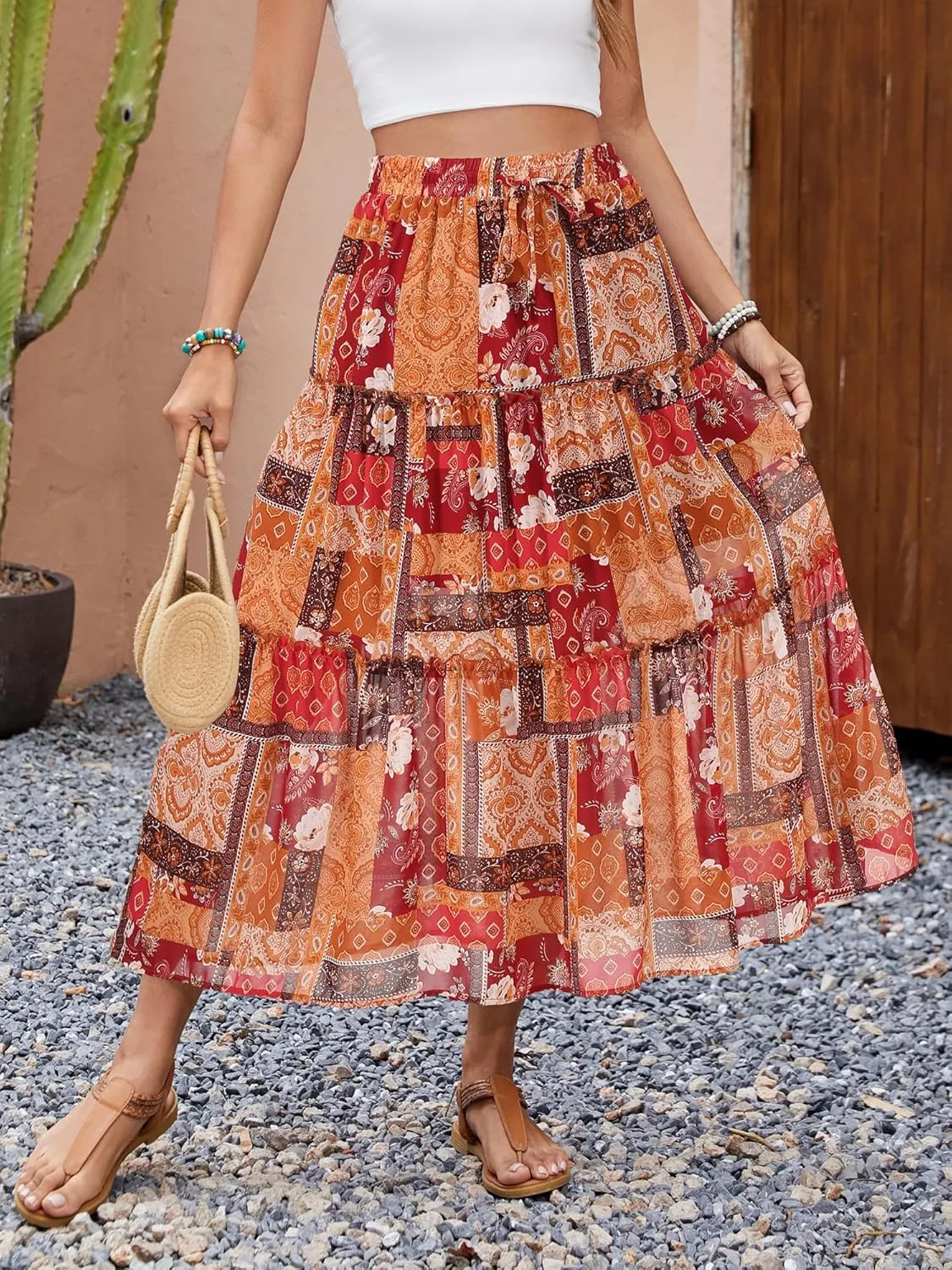 Gardenwed Womens Summer Casual Bohemian Skirt Vacation Sun Beach Floral Print High Waist Long Flowy Chiffon Skirts