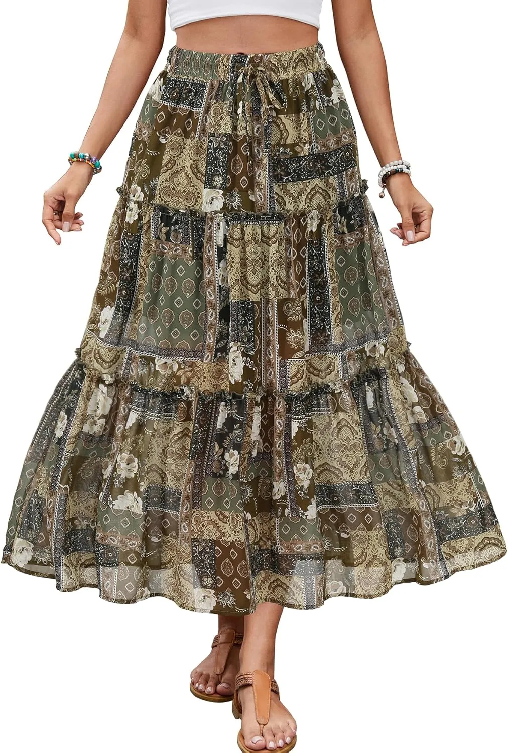 Gardenwed Womens Summer Casual Bohemian Skirt Vacation Sun Beach Floral Print High Waist Long Flowy Chiffon Skirts