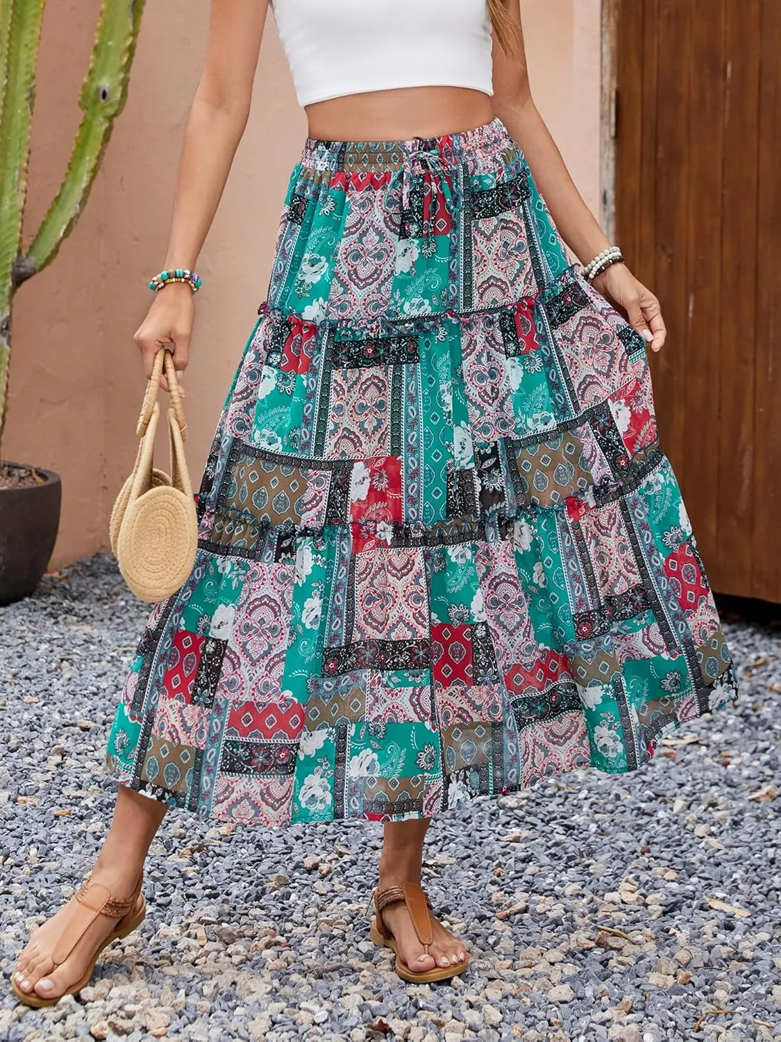 Gardenwed Womens Summer Casual Bohemian Skirt Vacation Sun Beach Floral Print High Waist Long Flowy Chiffon Skirts