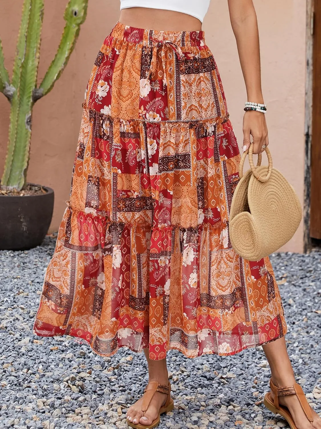 Gardenwed Womens Summer Casual Bohemian Skirt Vacation Sun Beach Floral Print High Waist Long Flowy Chiffon Skirts