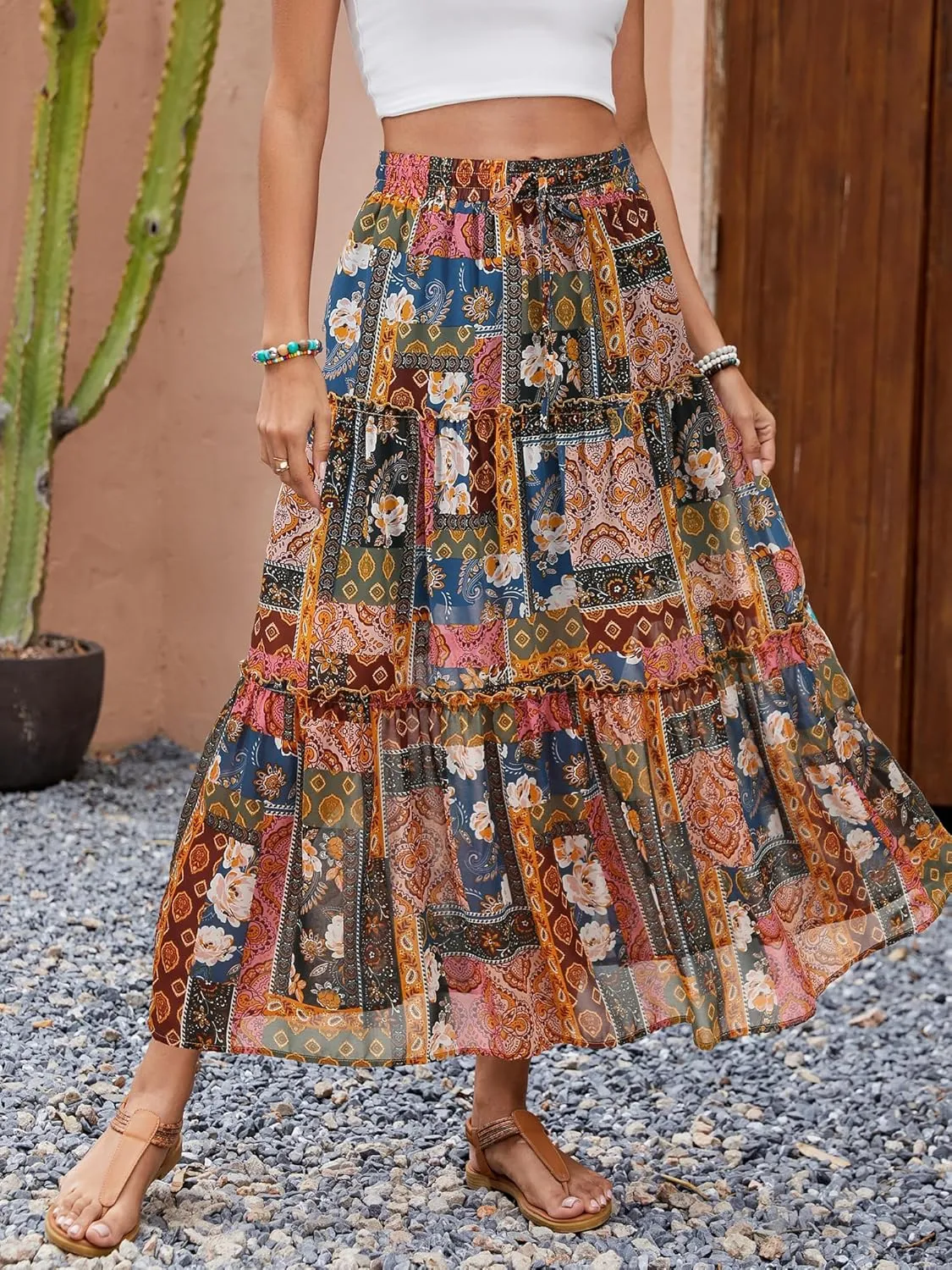 Gardenwed Womens Summer Casual Bohemian Skirt Vacation Sun Beach Floral Print High Waist Long Flowy Chiffon Skirts