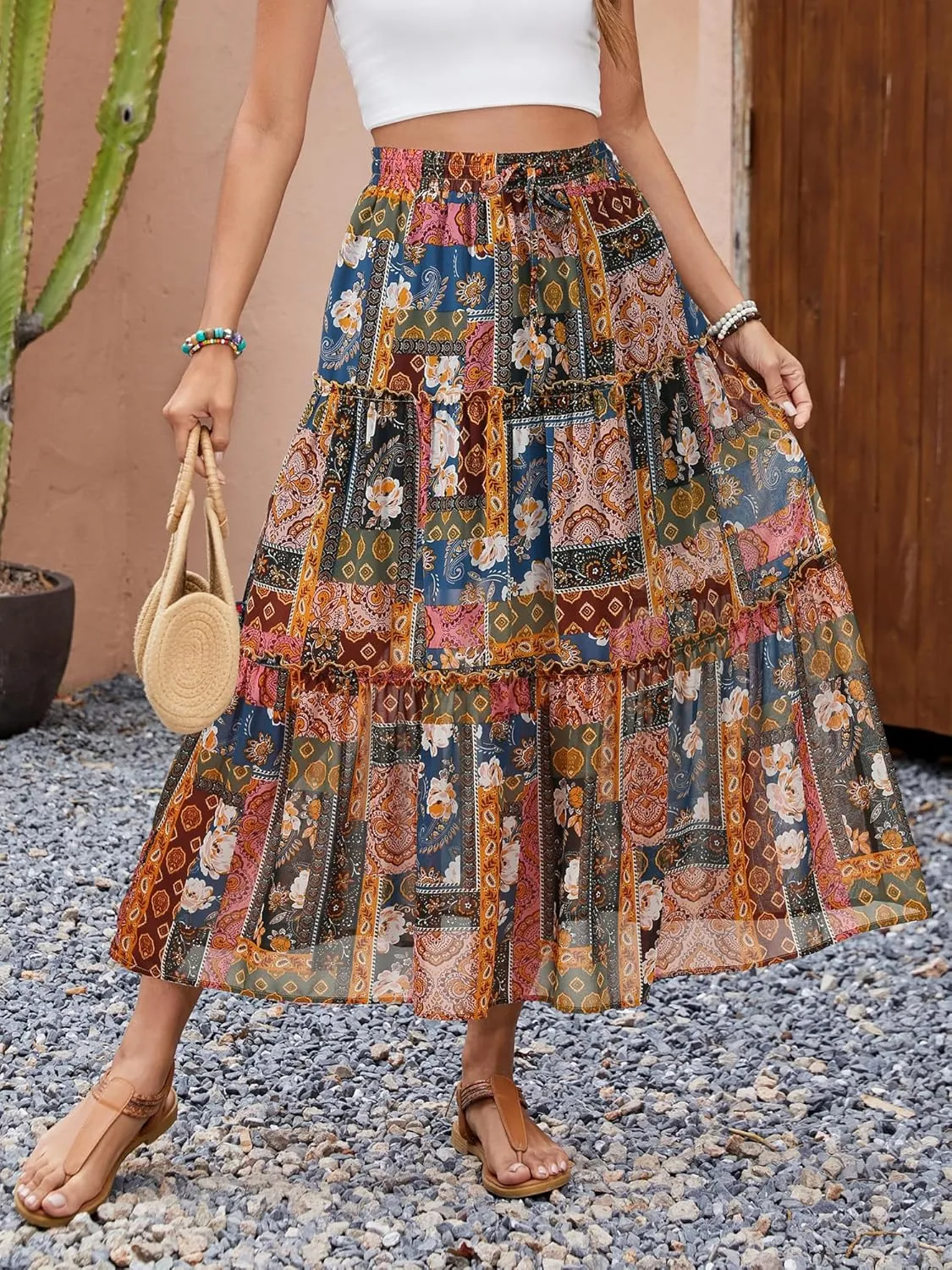 Gardenwed Womens Summer Casual Bohemian Skirt Vacation Sun Beach Floral Print High Waist Long Flowy Chiffon Skirts