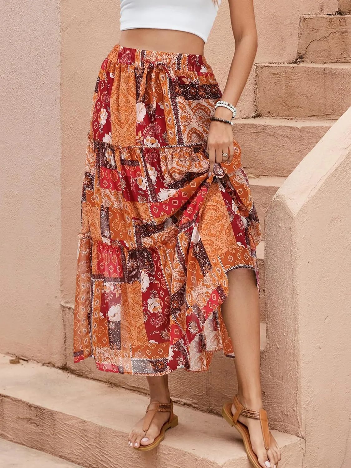 Gardenwed Womens Summer Casual Bohemian Skirt Vacation Sun Beach Floral Print High Waist Long Flowy Chiffon Skirts