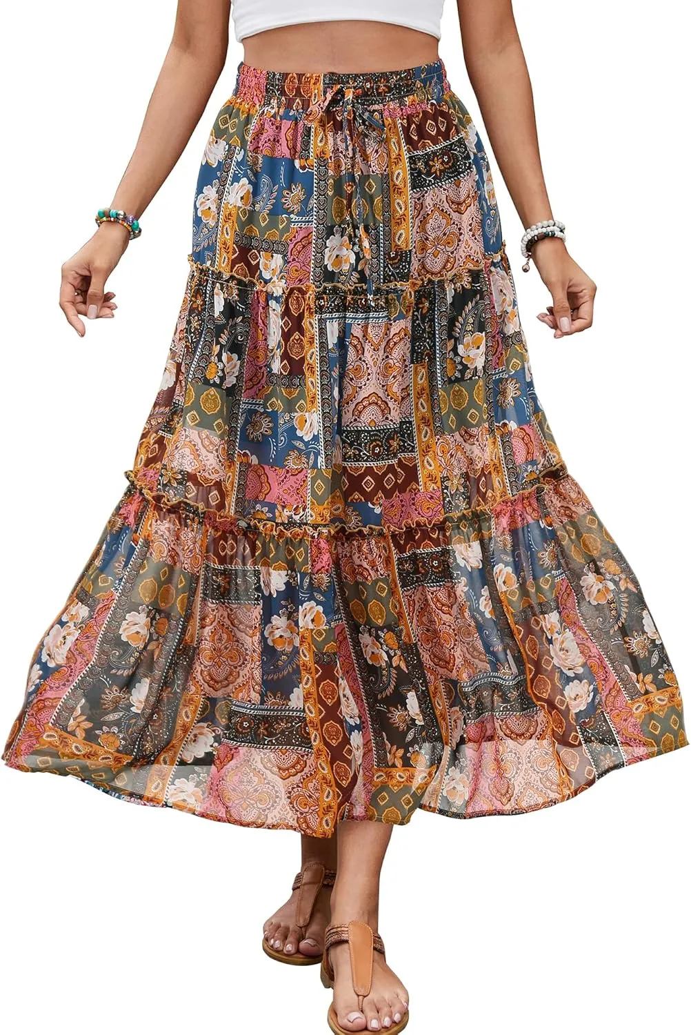 Gardenwed Womens Summer Casual Bohemian Skirt Vacation Sun Beach Floral Print High Waist Long Flowy Chiffon Skirts