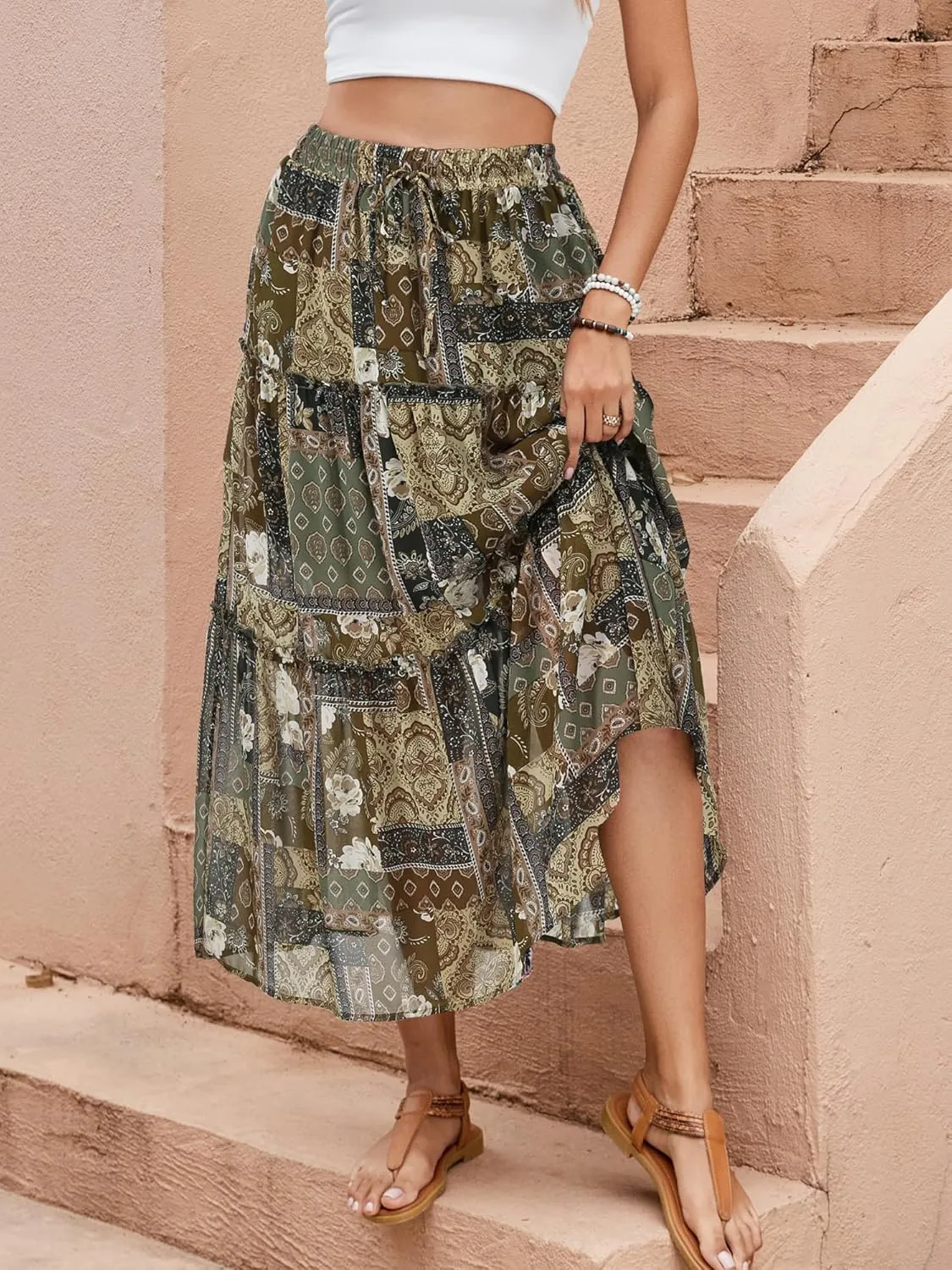 Gardenwed Womens Summer Casual Bohemian Skirt Vacation Sun Beach Floral Print High Waist Long Flowy Chiffon Skirts