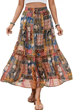 Gardenwed Womens Summer Casual Bohemian Skirt Vacation Sun Beach Floral Print High Waist Long Flowy Chiffon Skirts