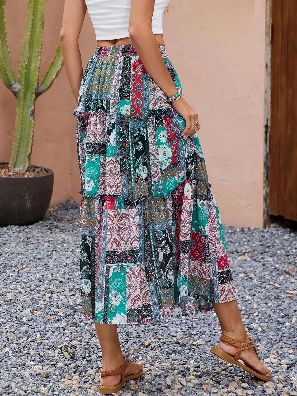 Gardenwed Womens Summer Casual Bohemian Skirt Vacation Sun Beach Floral Print High Waist Long Flowy Chiffon Skirts