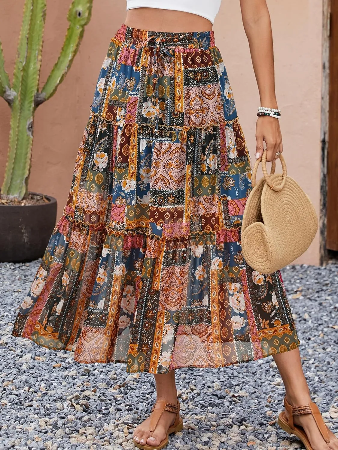 Gardenwed Womens Summer Casual Bohemian Skirt Vacation Sun Beach Floral Print High Waist Long Flowy Chiffon Skirts