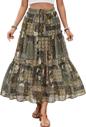 Gardenwed Womens Summer Casual Bohemian Skirt Vacation Sun Beach Floral Print High Waist Long Flowy Chiffon Skirts