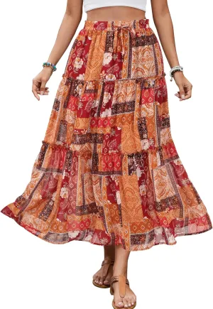 Gardenwed Womens Summer Casual Bohemian Skirt Vacation Sun Beach Floral Print High Waist Long Flowy Chiffon Skirts