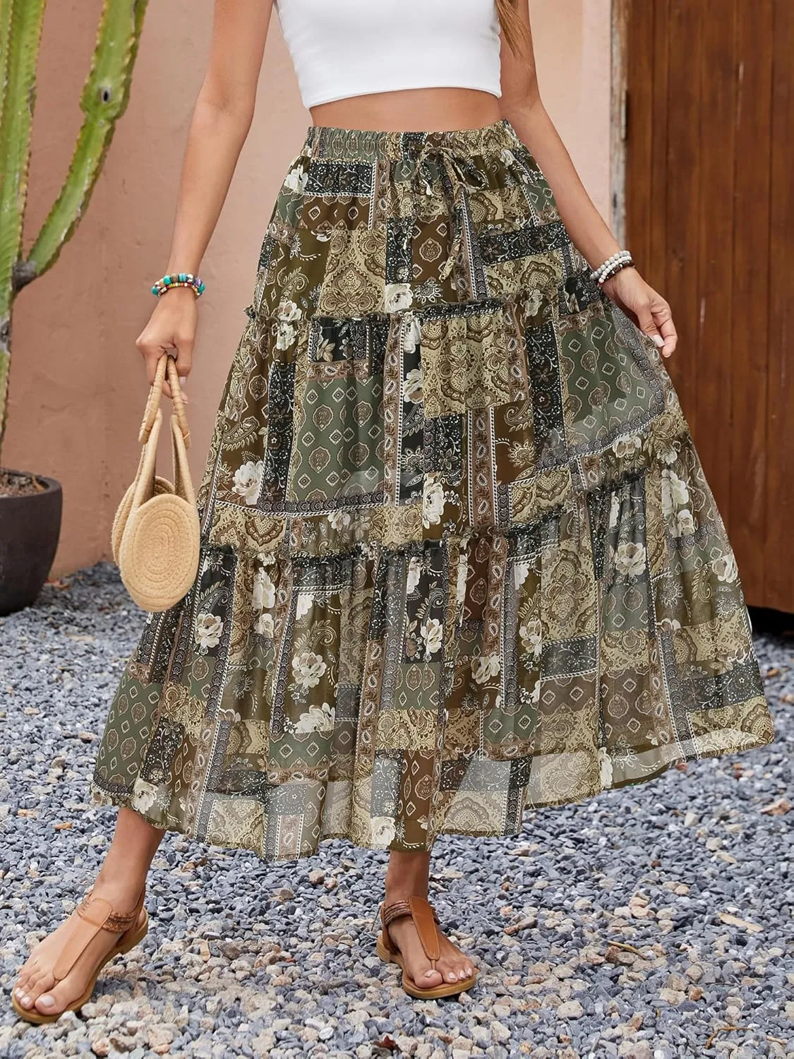 Gardenwed Womens Summer Casual Bohemian Skirt Vacation Sun Beach Floral Print High Waist Long Flowy Chiffon Skirts