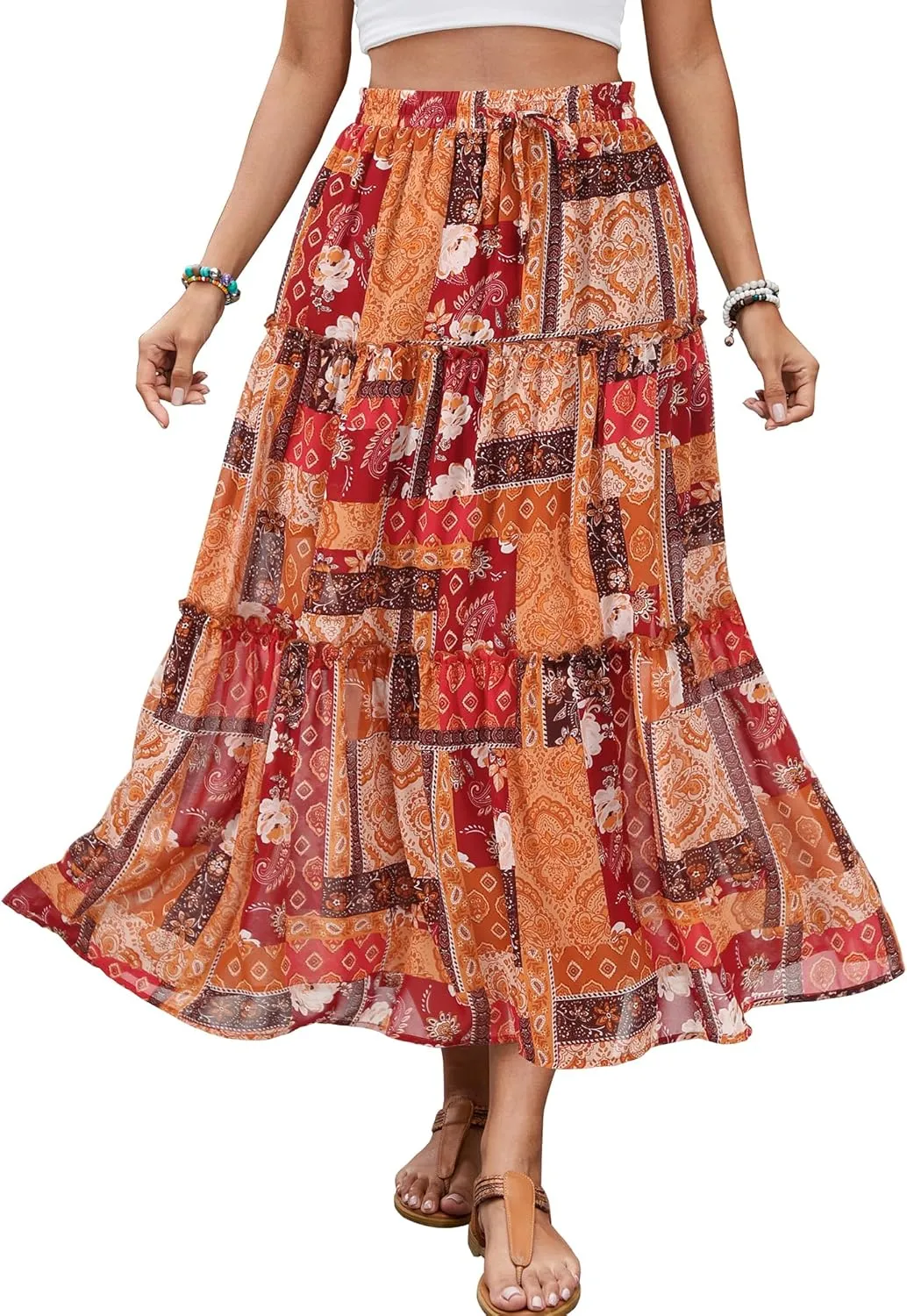 Gardenwed Womens Summer Casual Bohemian Skirt Vacation Sun Beach Floral Print High Waist Long Flowy Chiffon Skirts