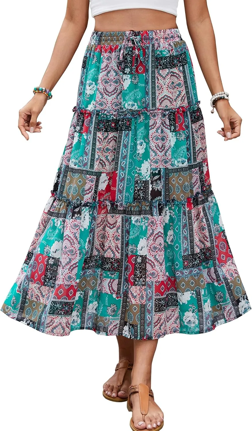 Gardenwed Womens Summer Casual Bohemian Skirt Vacation Sun Beach Floral Print High Waist Long Flowy Chiffon Skirts