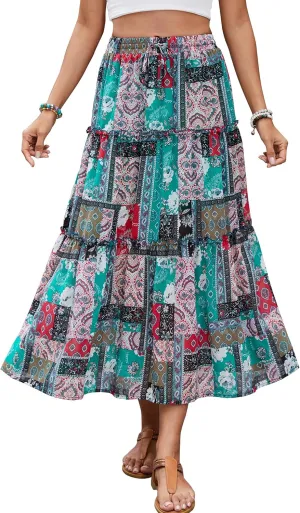 Gardenwed Womens Summer Casual Bohemian Skirt Vacation Sun Beach Floral Print High Waist Long Flowy Chiffon Skirts
