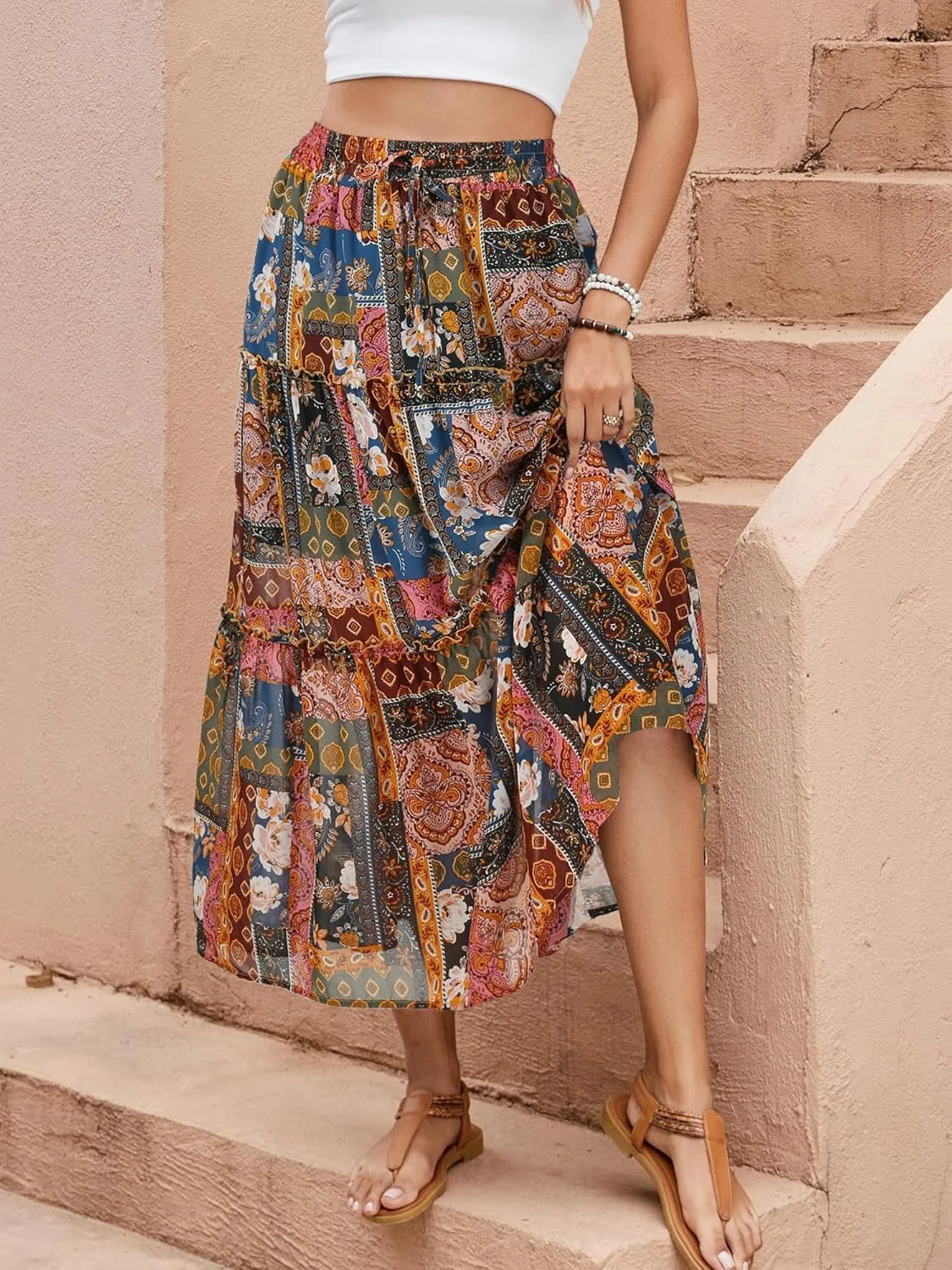 Gardenwed Womens Summer Casual Bohemian Skirt Vacation Sun Beach Floral Print High Waist Long Flowy Chiffon Skirts
