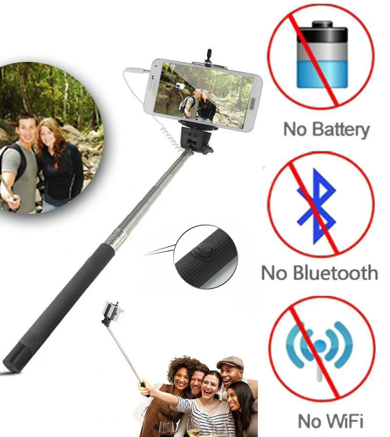 Green 3.5mm Extendable Selfie Wired Stick Phone Holder Remote Shutter Monopod For smartphone iphone