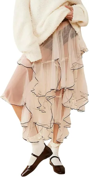 ICNGLKSND Women Mesh Tulle Long Skirt A Line Midi Slip Skirt Asymmetrical Layered Hem Sheer Beach Cover Up Skirt