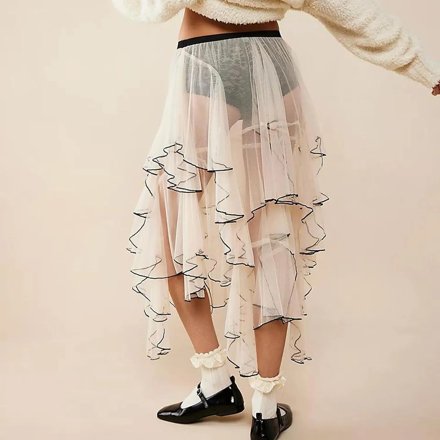 ICNGLKSND Women Mesh Tulle Long Skirt A Line Midi Slip Skirt Asymmetrical Layered Hem Sheer Beach Cover Up Skirt