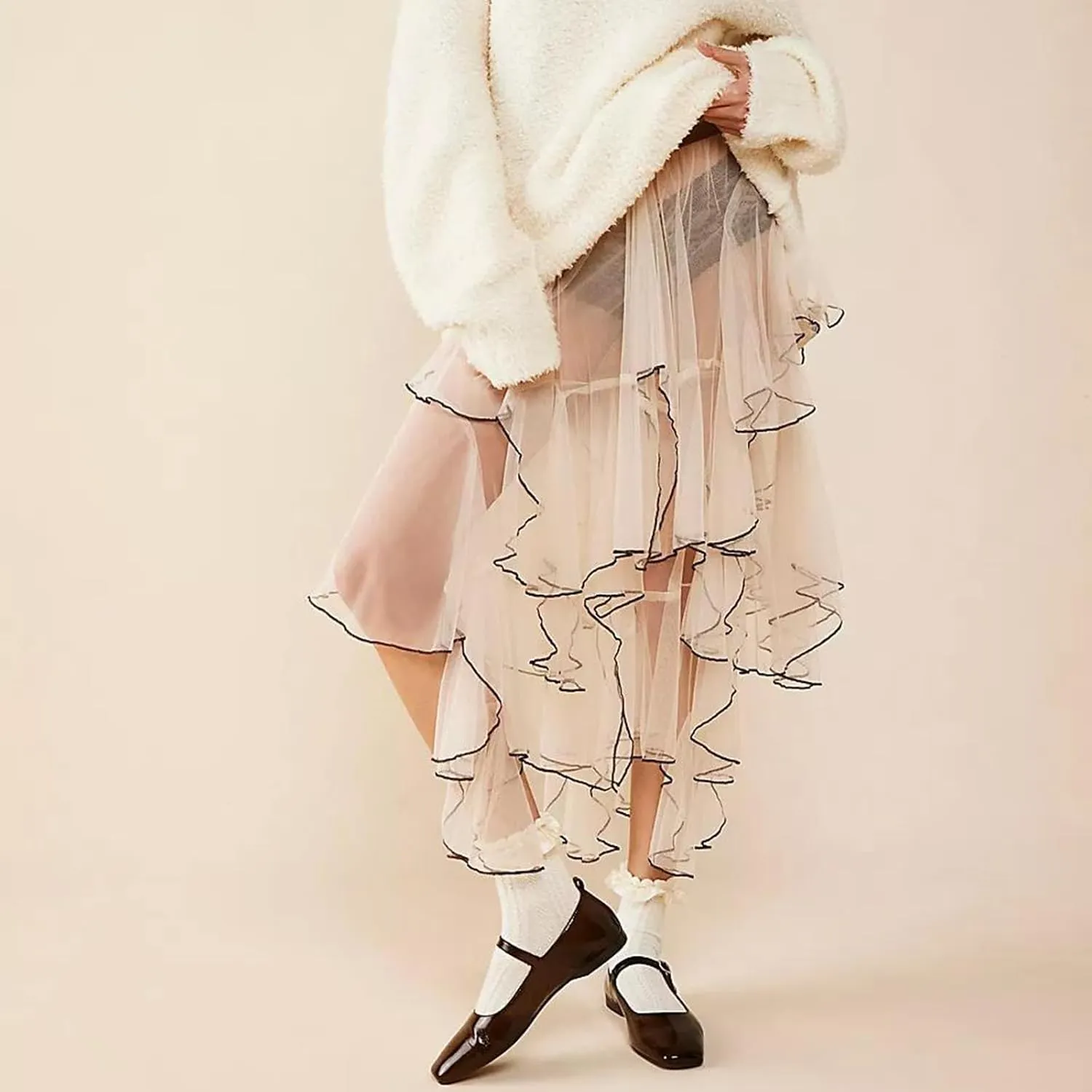 ICNGLKSND Women Mesh Tulle Long Skirt A Line Midi Slip Skirt Asymmetrical Layered Hem Sheer Beach Cover Up Skirt