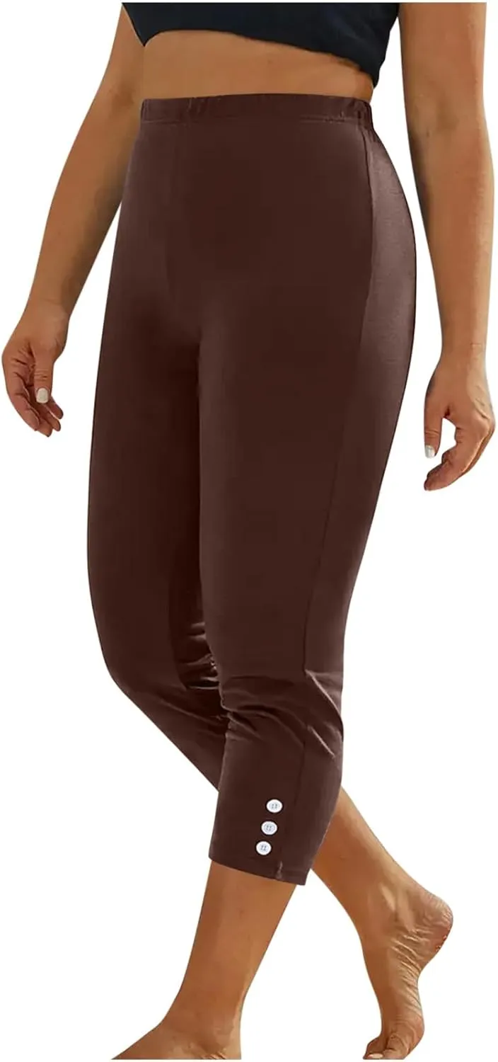 JIEMUXIU High Waisted Capri Leggings for Women - Casual Summer Button Capris Soft Slim Yoga Pants for Running Cycling Workout