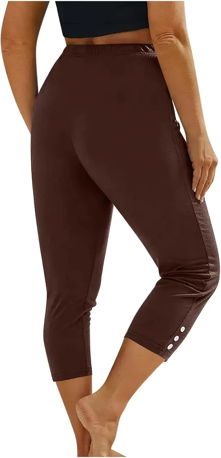 JIEMUXIU High Waisted Capri Leggings for Women - Casual Summer Button Capris Soft Slim Yoga Pants for Running Cycling Workout