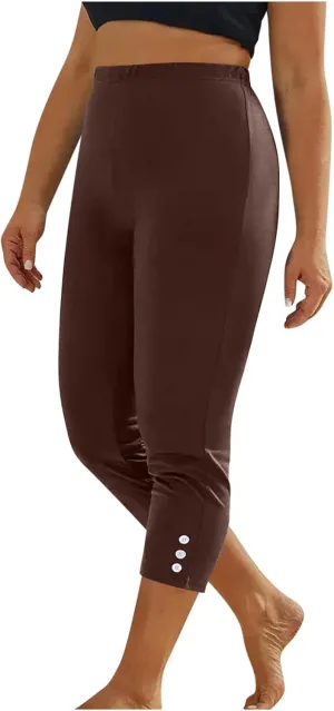 JIEMUXIU High Waisted Capri Leggings for Women - Casual Summer Button Capris Soft Slim Yoga Pants for Running Cycling Workout