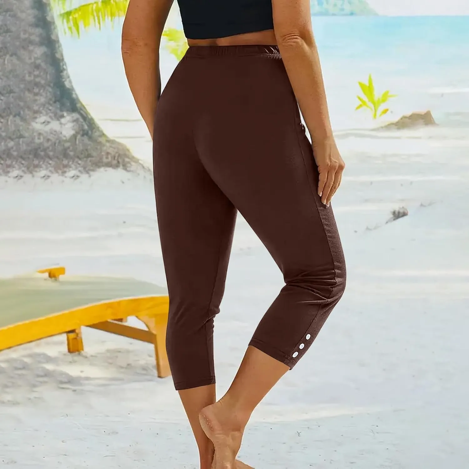 JIEMUXIU High Waisted Capri Leggings for Women - Casual Summer Button Capris Soft Slim Yoga Pants for Running Cycling Workout