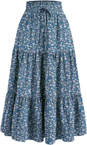 KUIOLYPOER Women Summer Maxi Skirt Casual Elastic High Waist Pleated A-Line Flowy Swing Tiered Beach Vacation Skirts