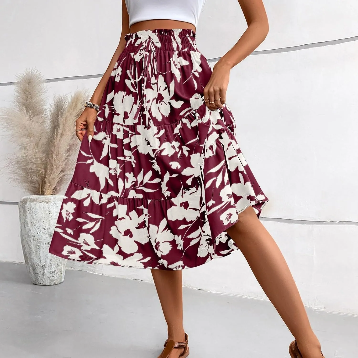 KUIOLYPOER Women Summer Maxi Skirt Casual Elastic High Waist Pleated A-Line Flowy Swing Tiered Beach Vacation Skirts