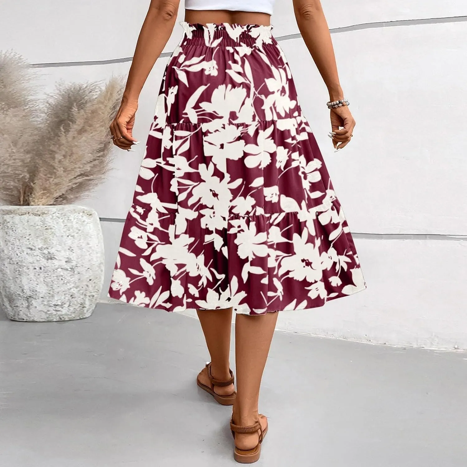KUIOLYPOER Women Summer Maxi Skirt Casual Elastic High Waist Pleated A-Line Flowy Swing Tiered Beach Vacation Skirts